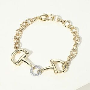 14K Gold Plated CZ Pave Ring Accent Horsebit Link Chain Bracelet